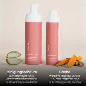 Flaschen clear skin Creme und Reinigungsschaum mit Aloe vera und Kurkuma, produkte bei akne, akne bei erwachsenen