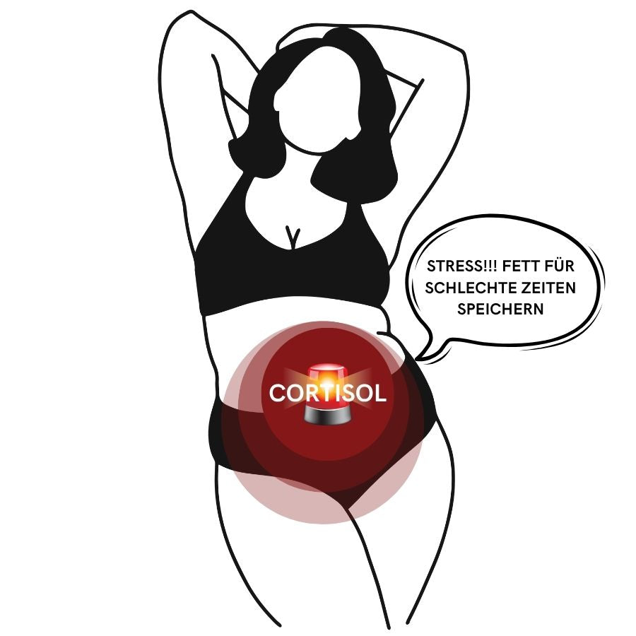 Illustration weiblich gelesene Person mit Sirene vor dem Bauch, Bauchfett durch Cortisol und Stress