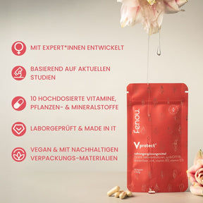 benefits von fenou Nahrungsergänzung für Frauen, daneben ein Beutel fenou Vprotect plus