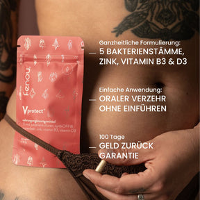 Benefits von fenou Vprotect plus, im Hintergrund eine weiblich gelesene Person, die einen Beutel fenou Vprotect plus in ihrem Slip stecken hat