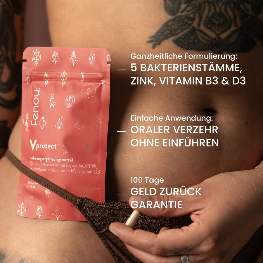 Benefits von fenou Vprotect plus, im Hintergrund eine weiblich gelesene Person, die einen Beutel fenou Vprotect plus in ihrem Slip stecken hat